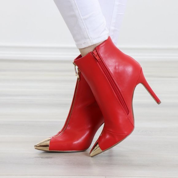 Ankle Red Boots Faux Leather Gold Pointy Toe - Picture 6 of 14